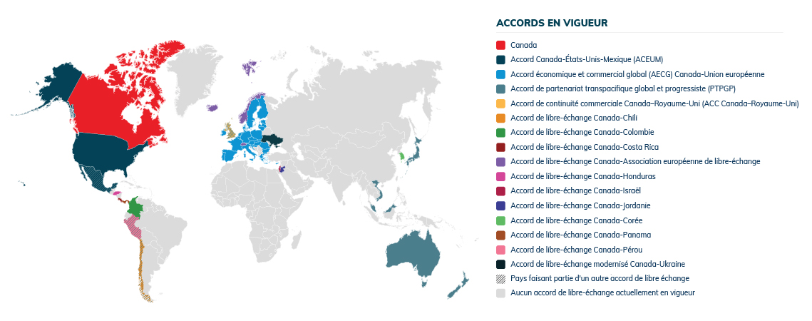 Carte des accords de libre-échange du Canada actuellement en vigueur